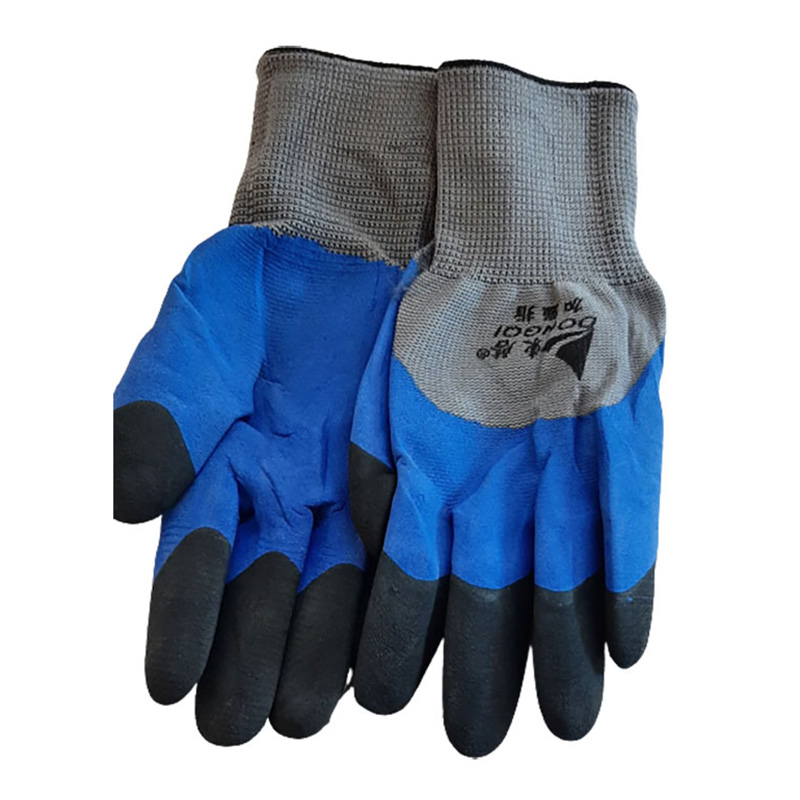 Перчатки трикотажные серые облитые синим с черными пальцами